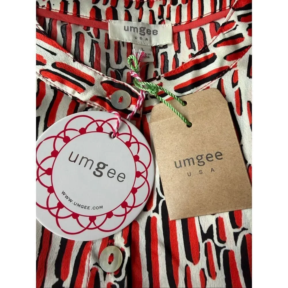 Umgee USA Shirt Women’s Large Red Black Abstract Button Up Tie Front K6122 NWT